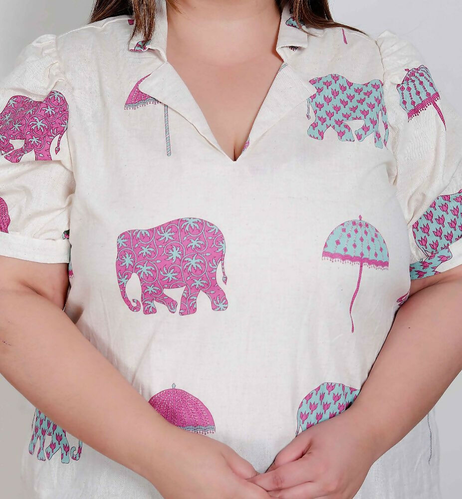 Miravan Plus Size Womens Flex Cotton Short Sleeve Off White Animal Print A-Line Maxi Dress
