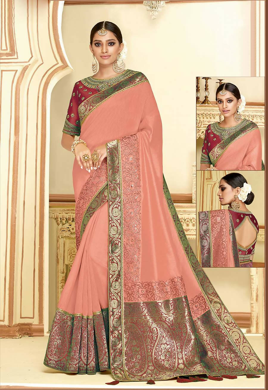 Dusty Peach Satin Silk Zari Embroidery, Laser Cut Borders, Tassels Saree - Norita Alankrita