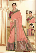Dusty Peach Satin Silk Zari Embroidery, Laser Cut Borders, Tassels Saree - Norita Alankrita