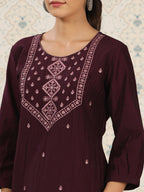 Magenta Chinon Embroidered Straight Top - Zeny