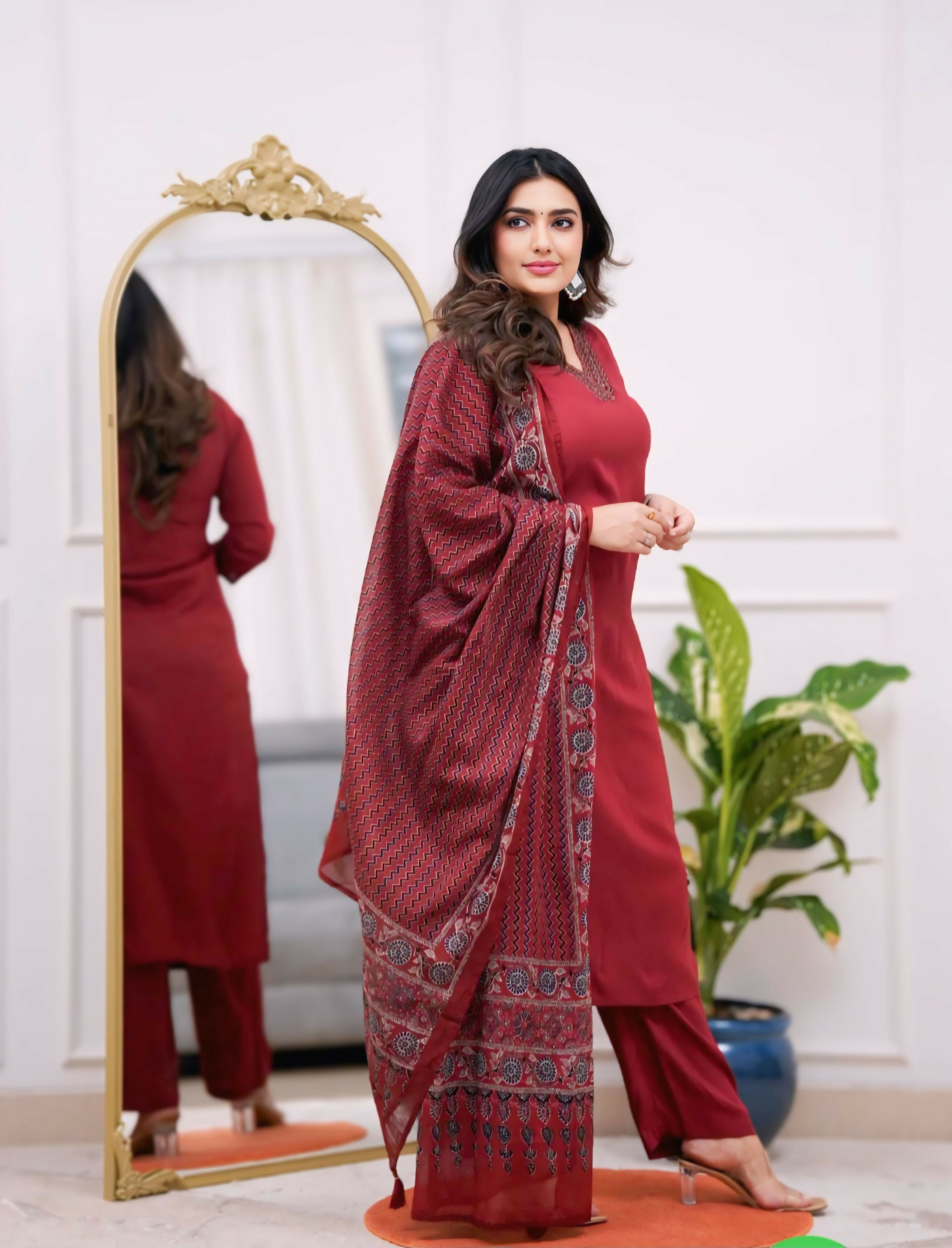 The52 Maroon Women's Gorgeous Parampara Fabric Embroidered Work Straight Kurta Pant and Dupatta Set - Distacart