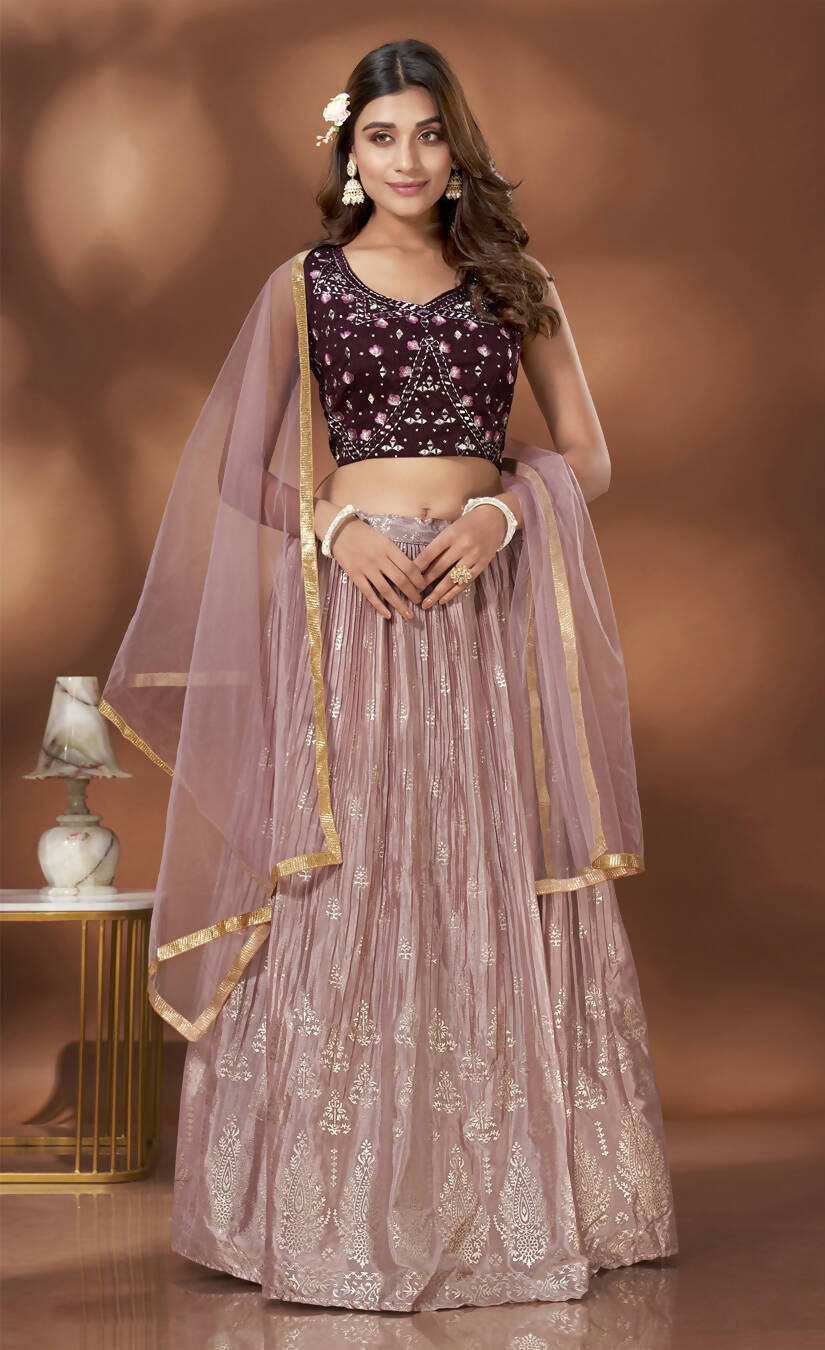 Mauve Chinnon Crush Foil Printed Lehenga Choli with Dupatta - Aakriti