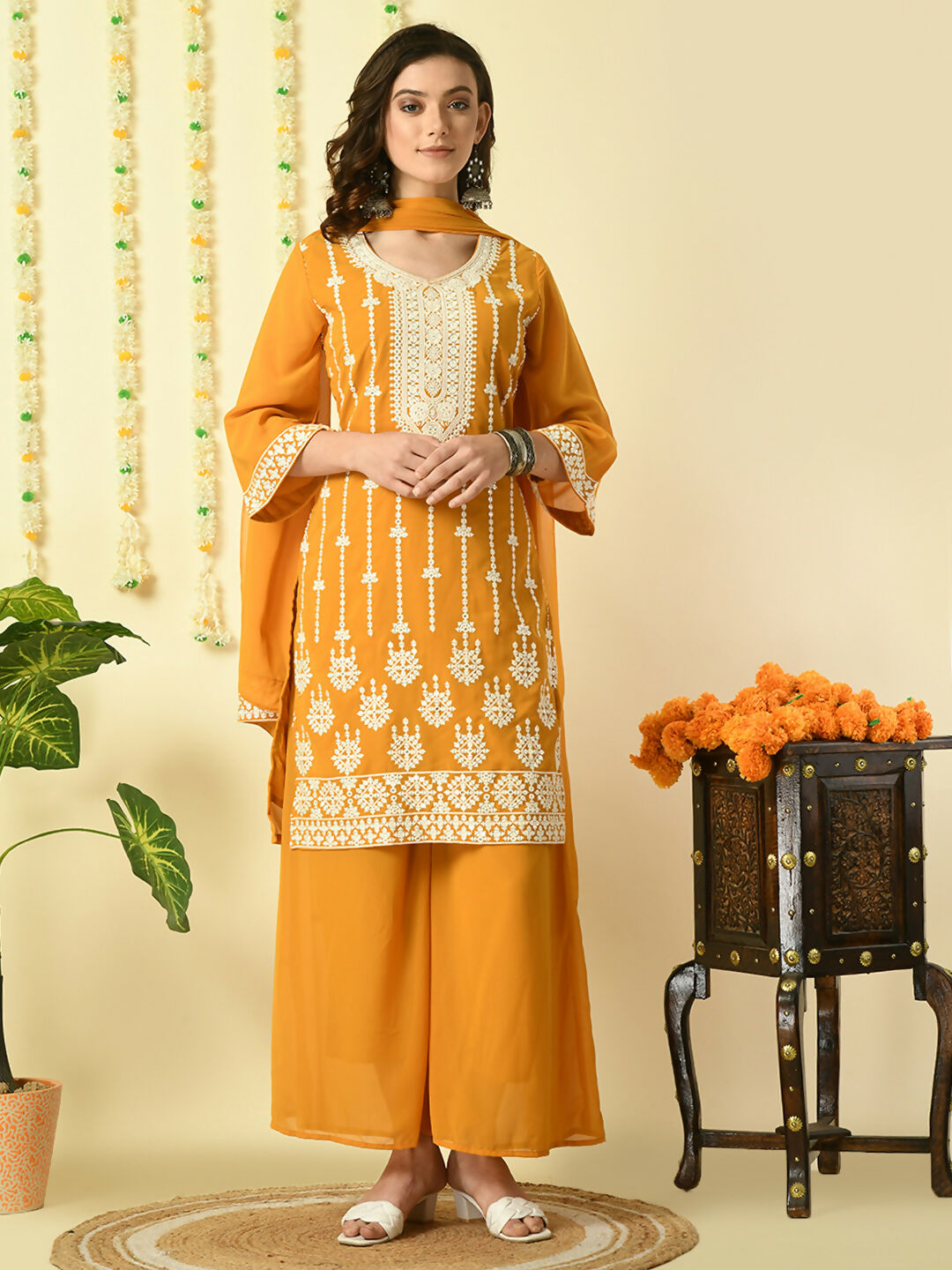Myshka Women's Mustard Georgette Kurta & Palazzos With Dupatta Party Sets