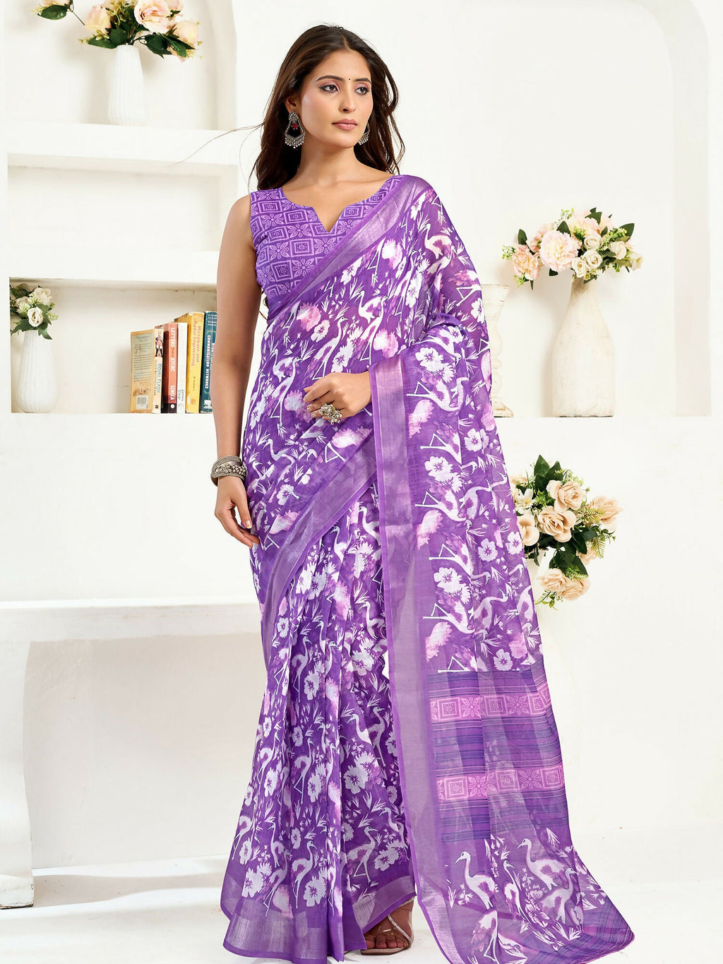 Joban Fashion Purple  Floral And Bird Motifs Linen Ready To Wear Saree With Unstitched Blouse - Distacart