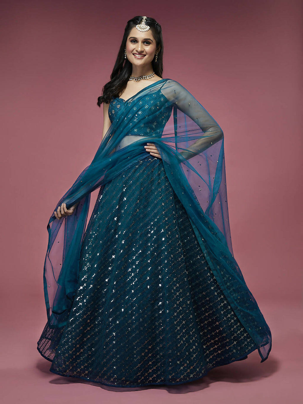 House of Panchhi Teal Net Sequinse Embroidered Lehenga & Blouse with Dupatta