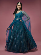 House of Panchhi Teal Net Sequinse Embroidered Lehenga & Blouse with Dupatta