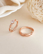 VOJ Stainless Steel Cubic Zirconia Rose Gold-Polished Adjustable Ring Set for Couple