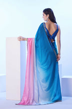 Blue Chinon Solid Designer & Lace Work Saree - Samaa