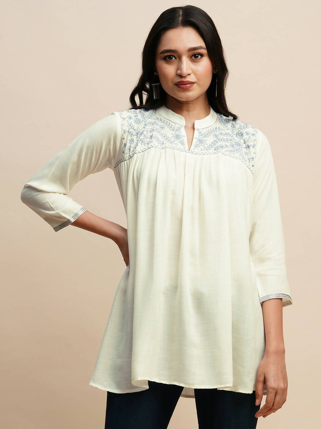 White Rayon Embroidered Top - Tarini