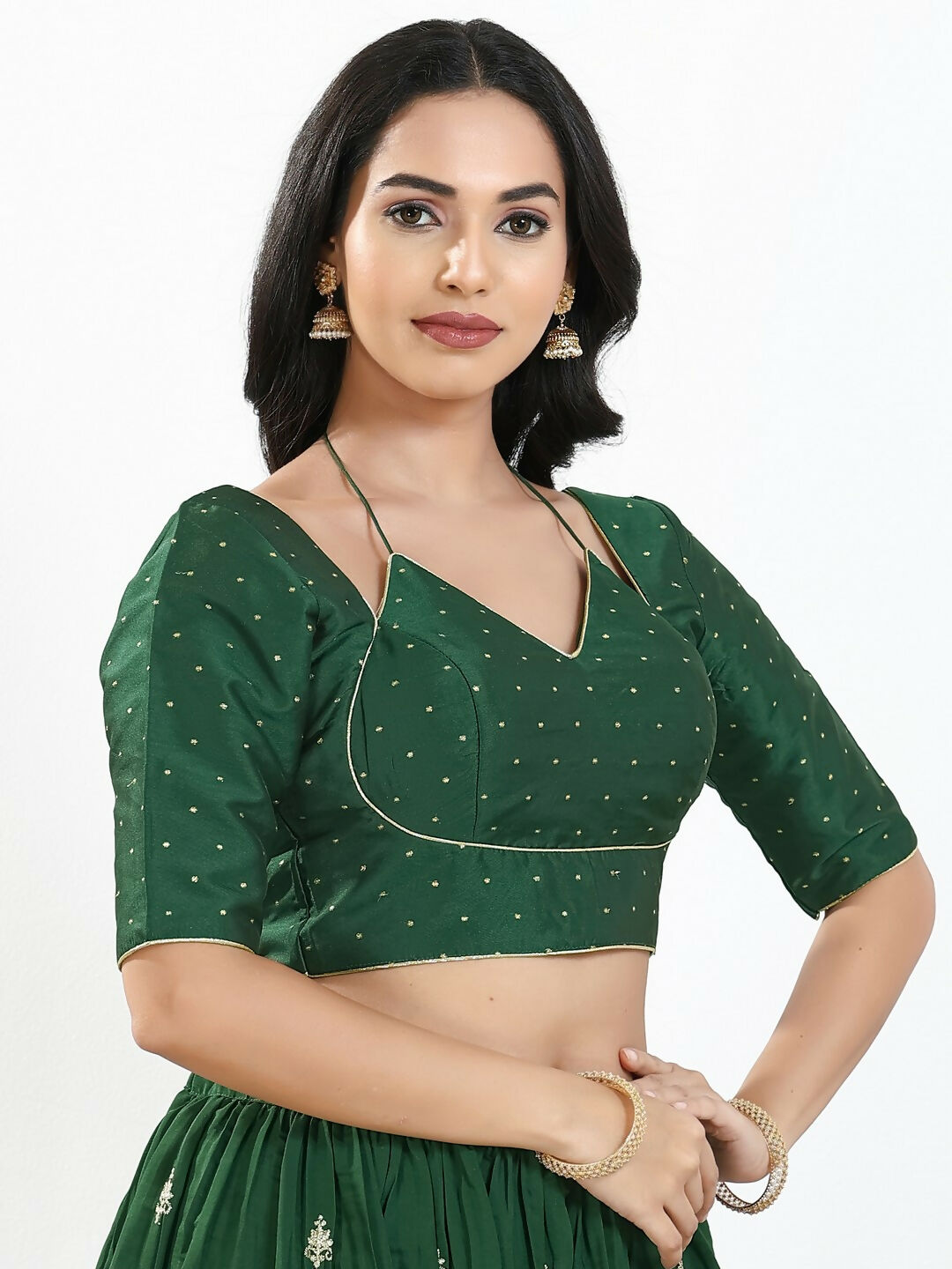 Joban Fashion Bottle Green Brocade Padded Blouse With Sweetheart Neck Elbow Sleeves - Distacart
