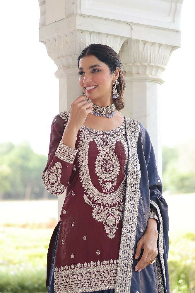 Joban Fashion Maroon Kurta Set Silk Sequins , Zari, Coding & Thread Embroidered work - Distacart