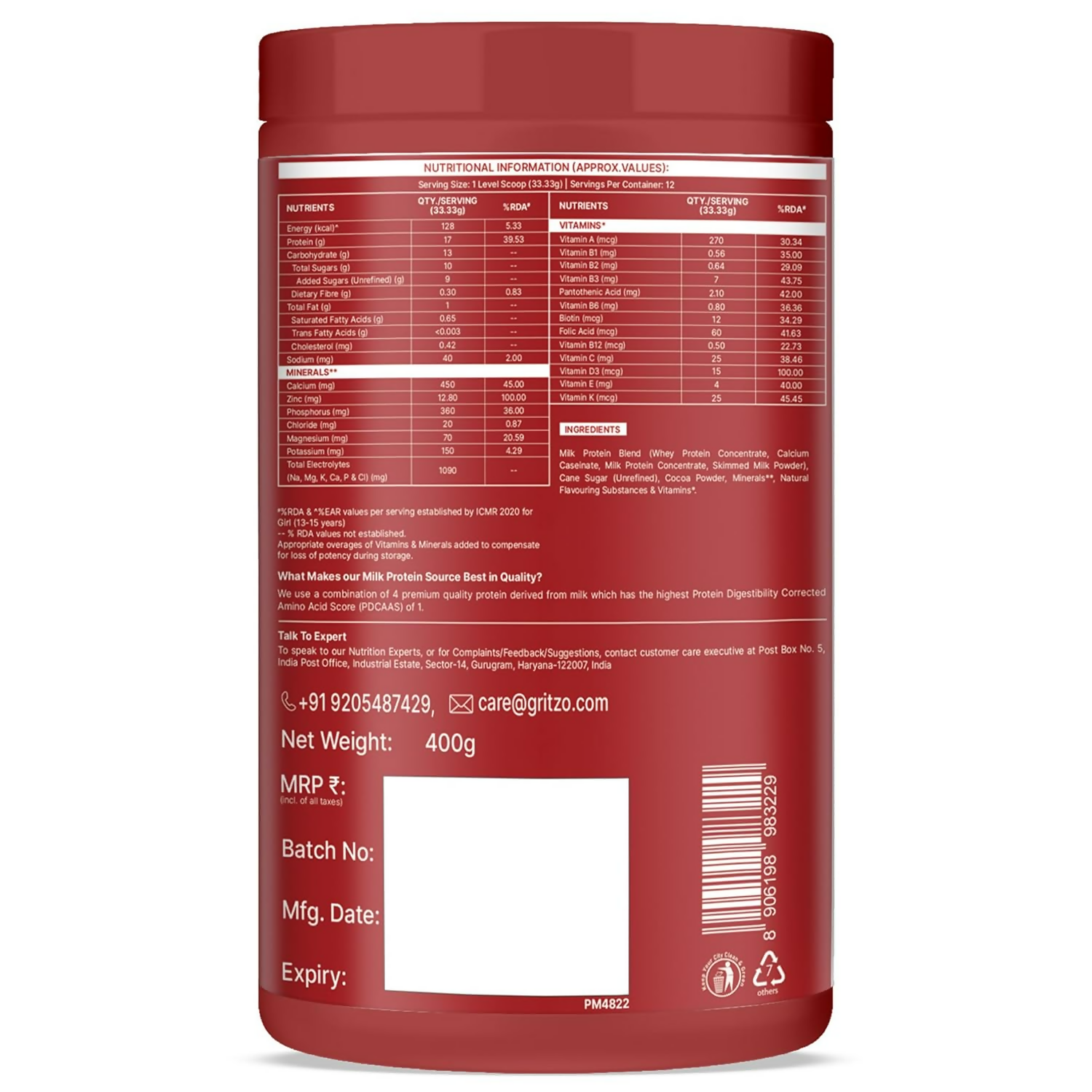 Gritzo SuperMilk Athlete Iron Man (13+y Boy & Girl), 17g Protein Powder (Double Chocolate)