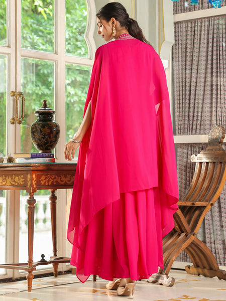 Janasya Pink Georgette Embroidered Dress & Cape