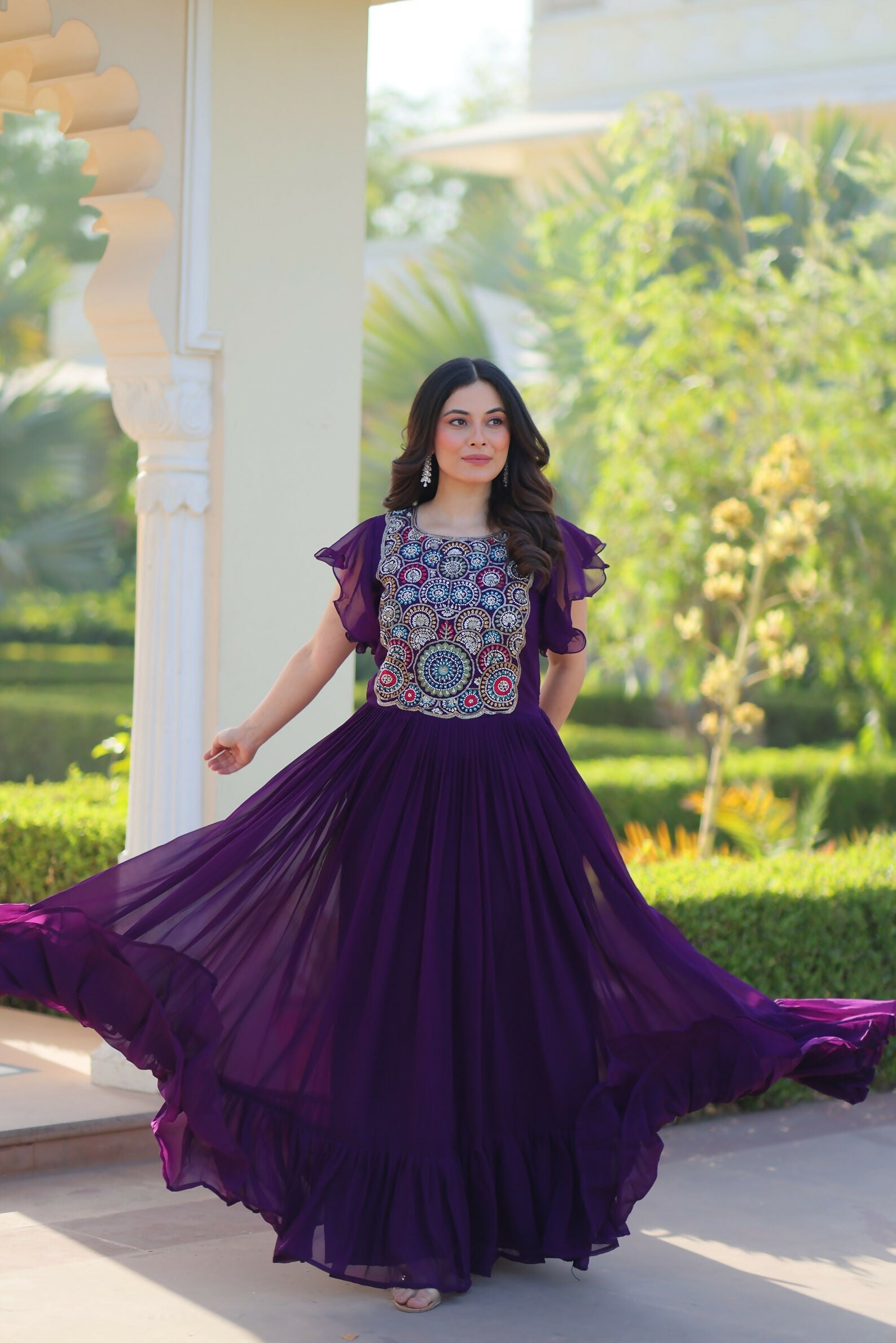 Joban Fashion Purple Georgette Sequence Embroidery Work Gown - Distacart