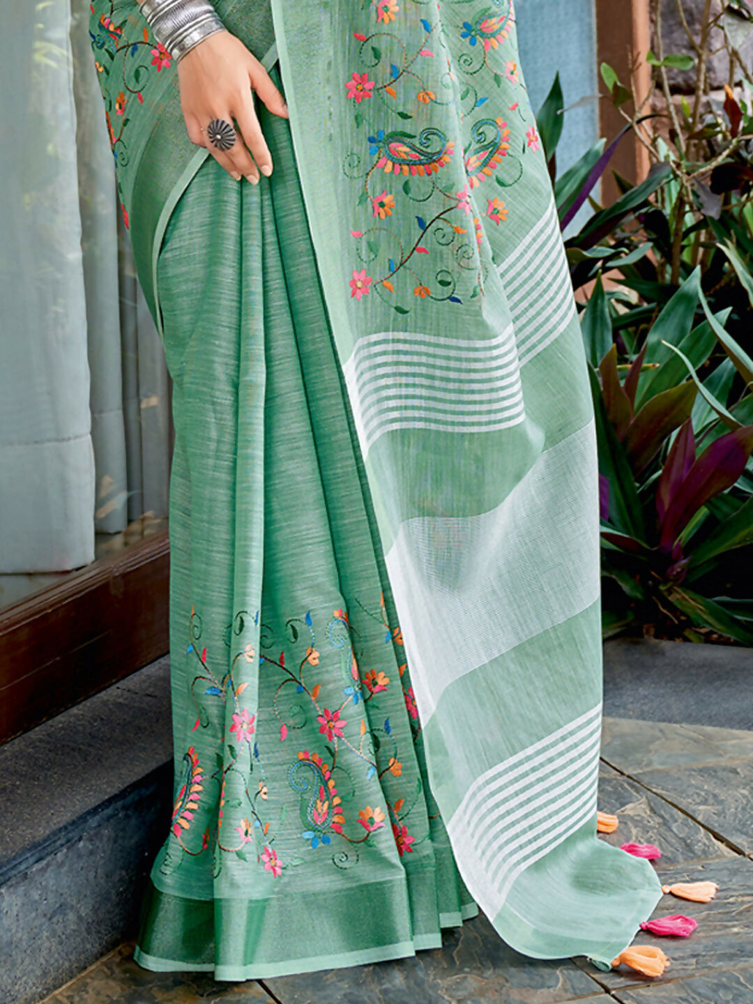 Shree Shyam Fashion Linen Sea Green Saree - Distacart