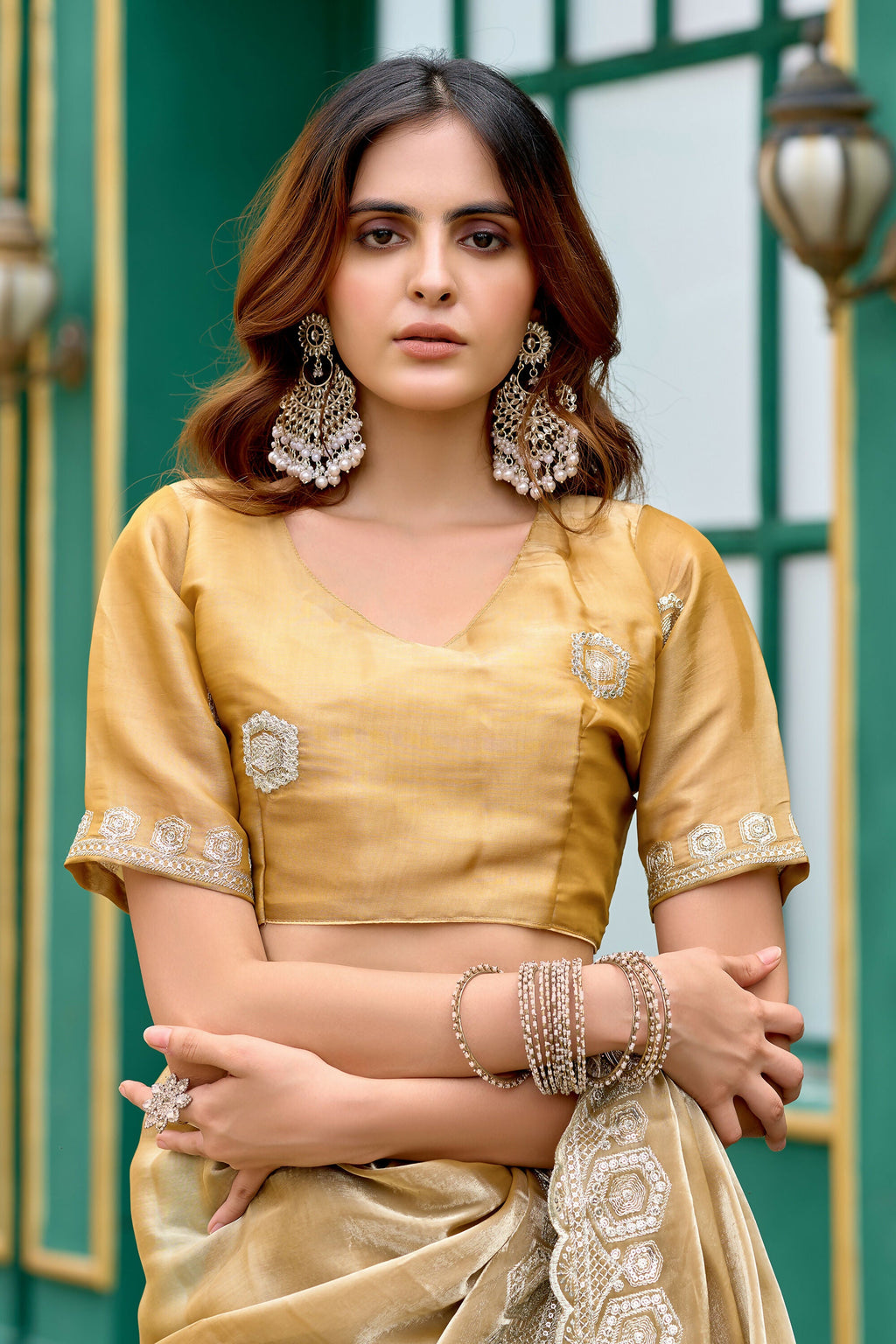 Vastranavya Beige Embroidery Work Shimmer Chiffon Saree with Unstitched Blouse - Distacart
