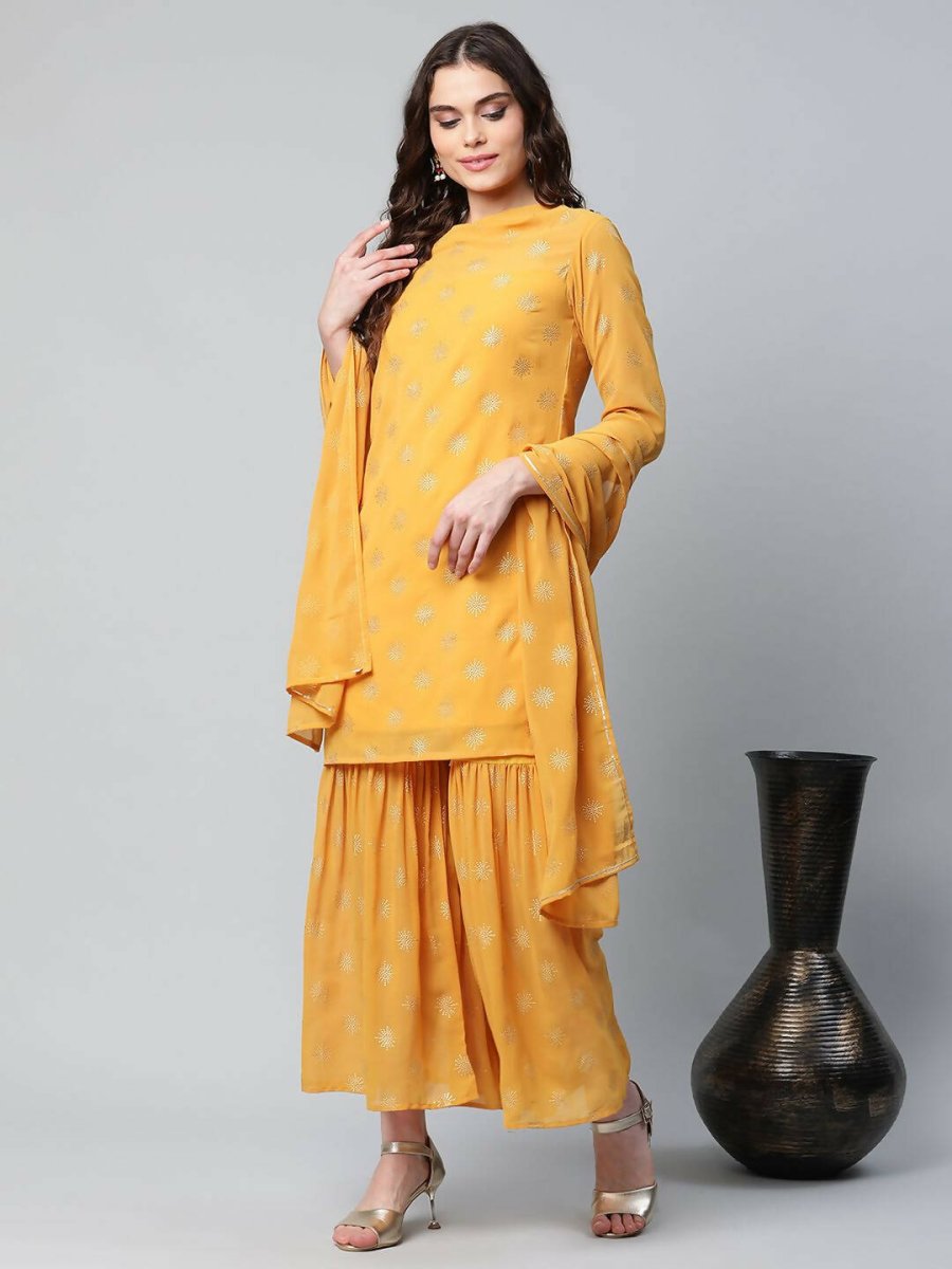 Ahalyaa Womens Mustard Georgette Gold Foil Printed Kurta Sharara Set With Dupatta - Distacart