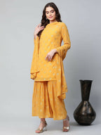 Ahalyaa Womens Mustard Georgette Gold Foil Printed Kurta Sharara Set With Dupatta - Distacart