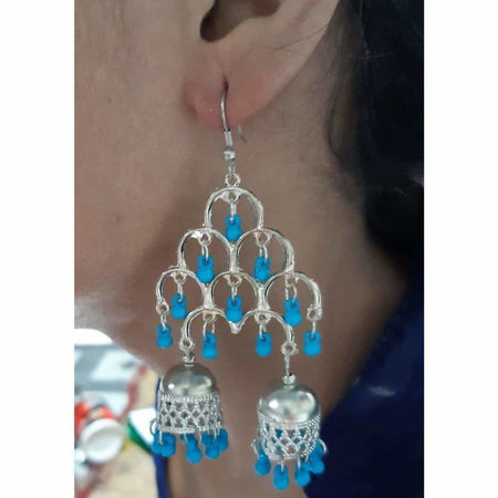 MS Fashion India Silver Oxidized Fashion Traditional Double Jhumka Long Blue Pearls Earrings