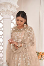 Aastha Fashion Dusty Chiku Butterfly Net White Cotton Thread Work, Zari Work And Sandwich Sequence Work Embroidery Wedding Wear Lehenga Choli
