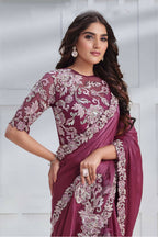 Magenta Crepe satin silk Cord & Sequence Embroidered with Stone work Saree - Mohmanthan Majestica