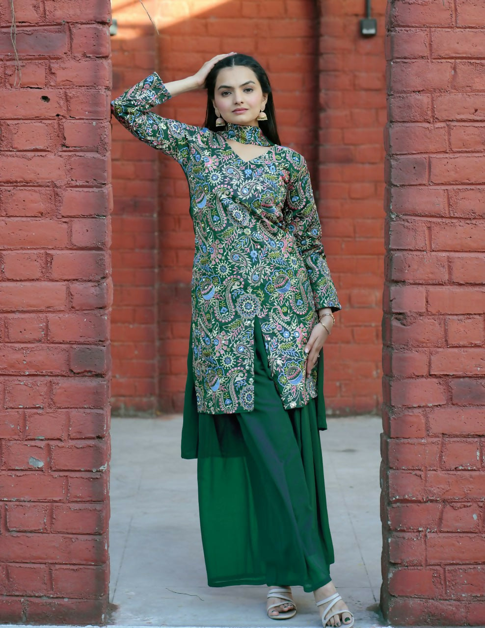 Joban Fashion Green Silk Embroidered Sharara Set - Distacart