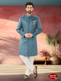 Joban Fashion Men's Blue Straight Imported Tr Self-Design In Fabric Indo-Western Kurta Set