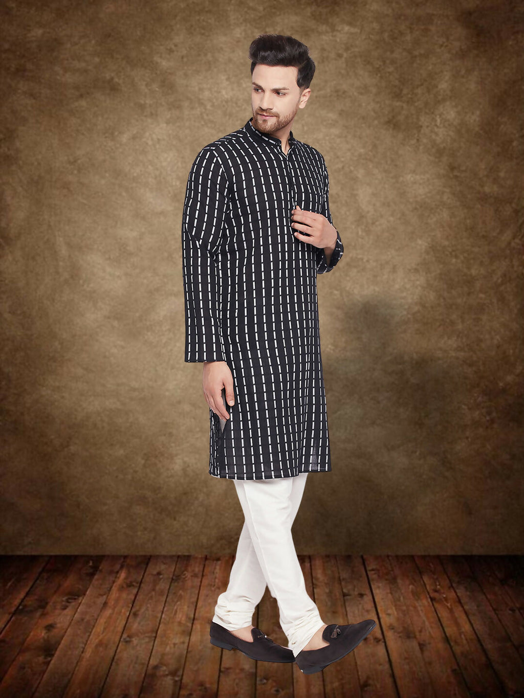 Even Apparels Men's Pure Cotton Black Check Kurta