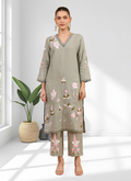 Joban Fashion Pista Green Linen Embroidered Readymade Long Kurta With Pant - Distacart