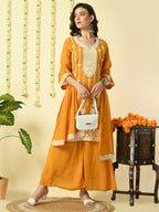 Myshka Women's Mustard Georgette Kurta & Palazzos With Dupatta Party Sets