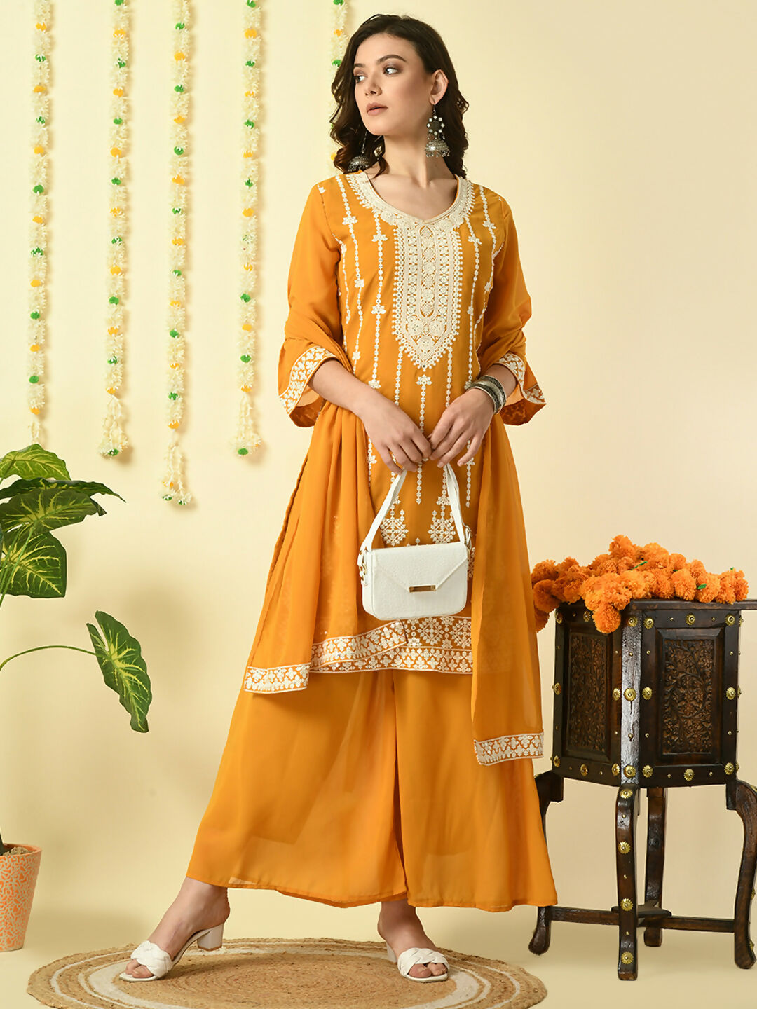 Myshka Women's Mustard Georgette Kurta & Palazzos With Dupatta Party Sets