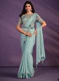 Sea Green Crepe Satin Silk Embroidered Saree With Stitched Blouse - Mohmanthan Exotica