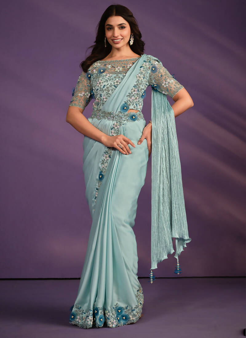 Sea Green Crepe Satin Silk Embroidered Saree With Stitched Blouse - Mohmanthan Exotica