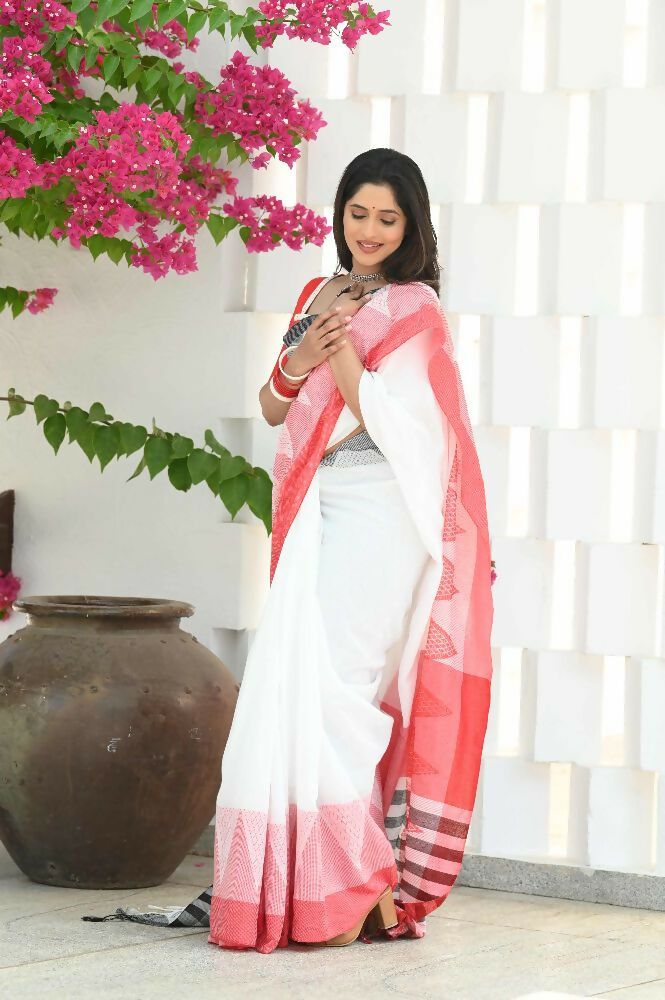 Beatitude Cream Temple Border Cotton Saree