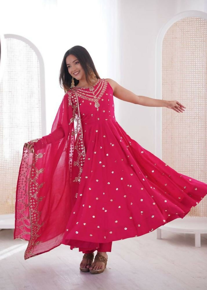 Teeya Creation Pink Color Roman Silk Embroidery Work Party Wear Gown - Distacart