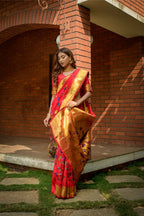 Jyoti Fashion Women's Gajri Red Paithani Silk Zari Woven Saree with Blouse
