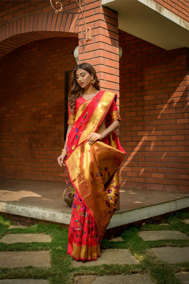 Jyoti Fashion Women's Gajri Red Paithani Silk Zari Woven Saree with Blouse
