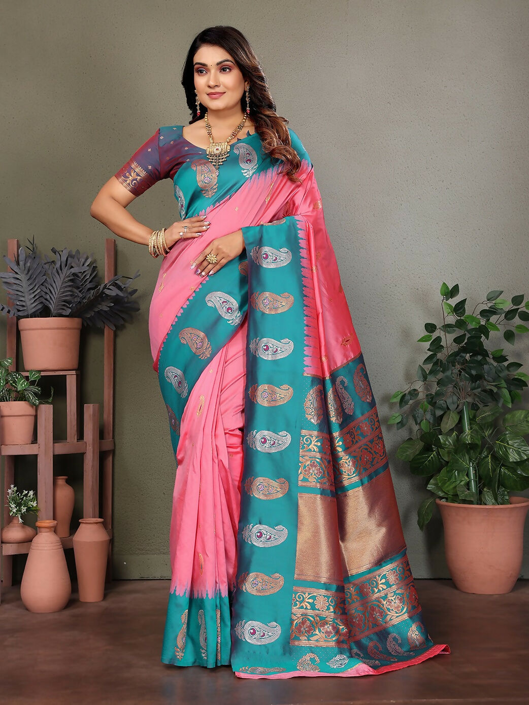 Joban Fashion Banarasi Baby Pink Butti Soft Silk Saree - Distacart