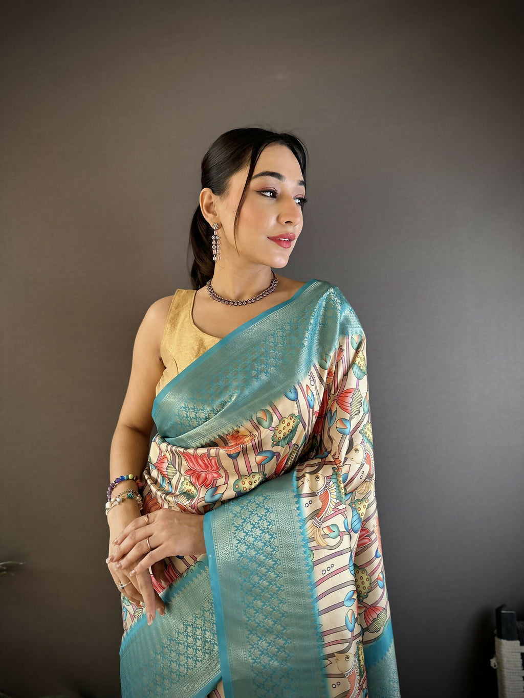Joban Fashion Multi-Color Floral Digital Print Soft Lichi Silk Paithani Saree - Distacart