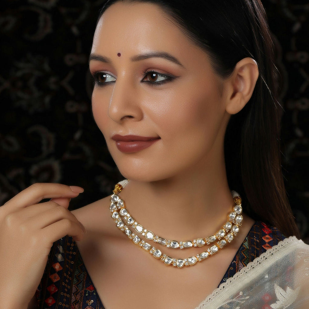 Double Layered Kundan and American Diamond Neckpiece (Gold) - Ruby Raang