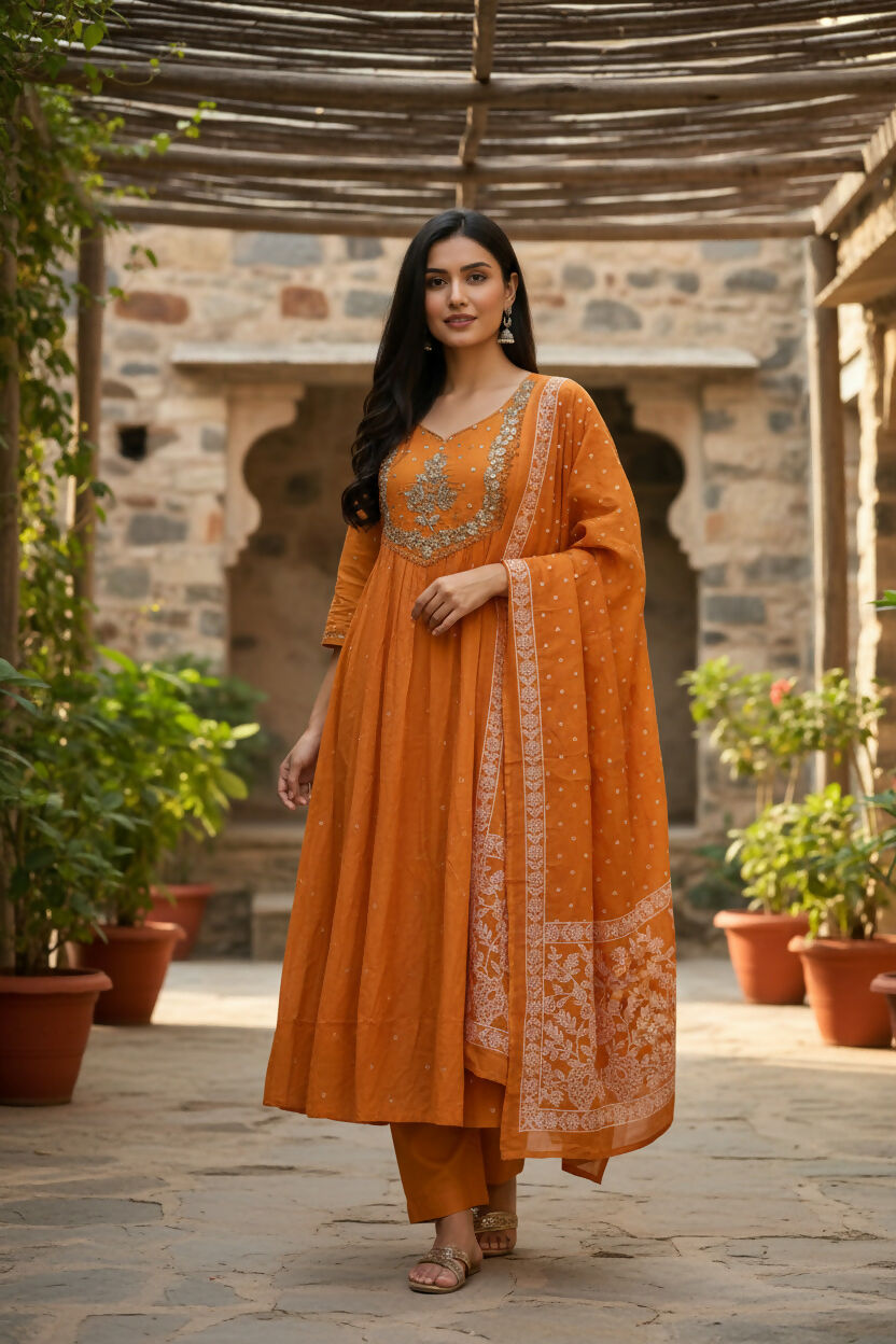 The52 Women's Beautiful Cotton Fabric Embroidery Work Flared Anarkali Pant and Dupatta Set - Distacart