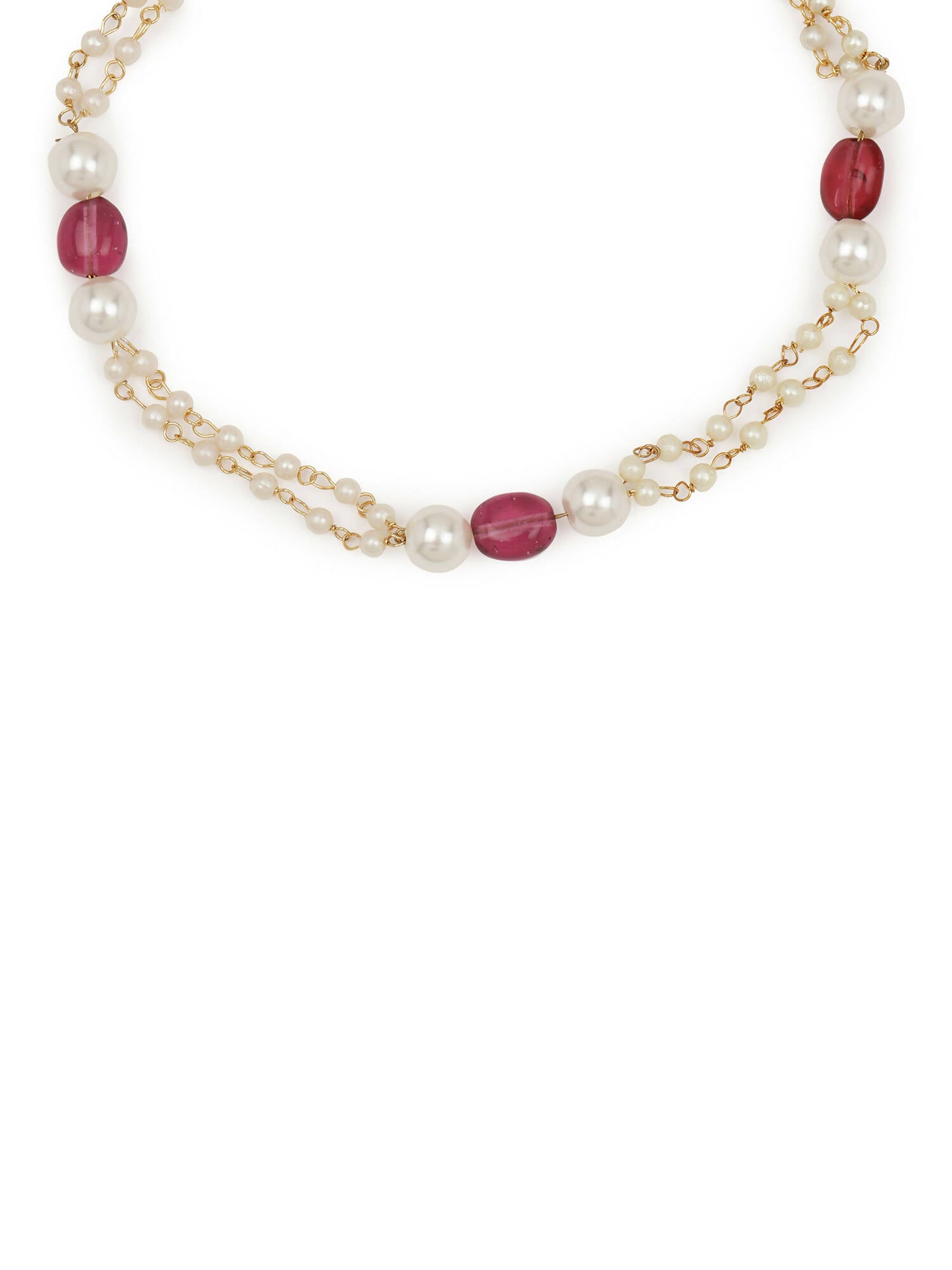 Gold-Plated Pink White Pearl Beaded Anklets Set Of 2 - Ruby Raang - Distacart