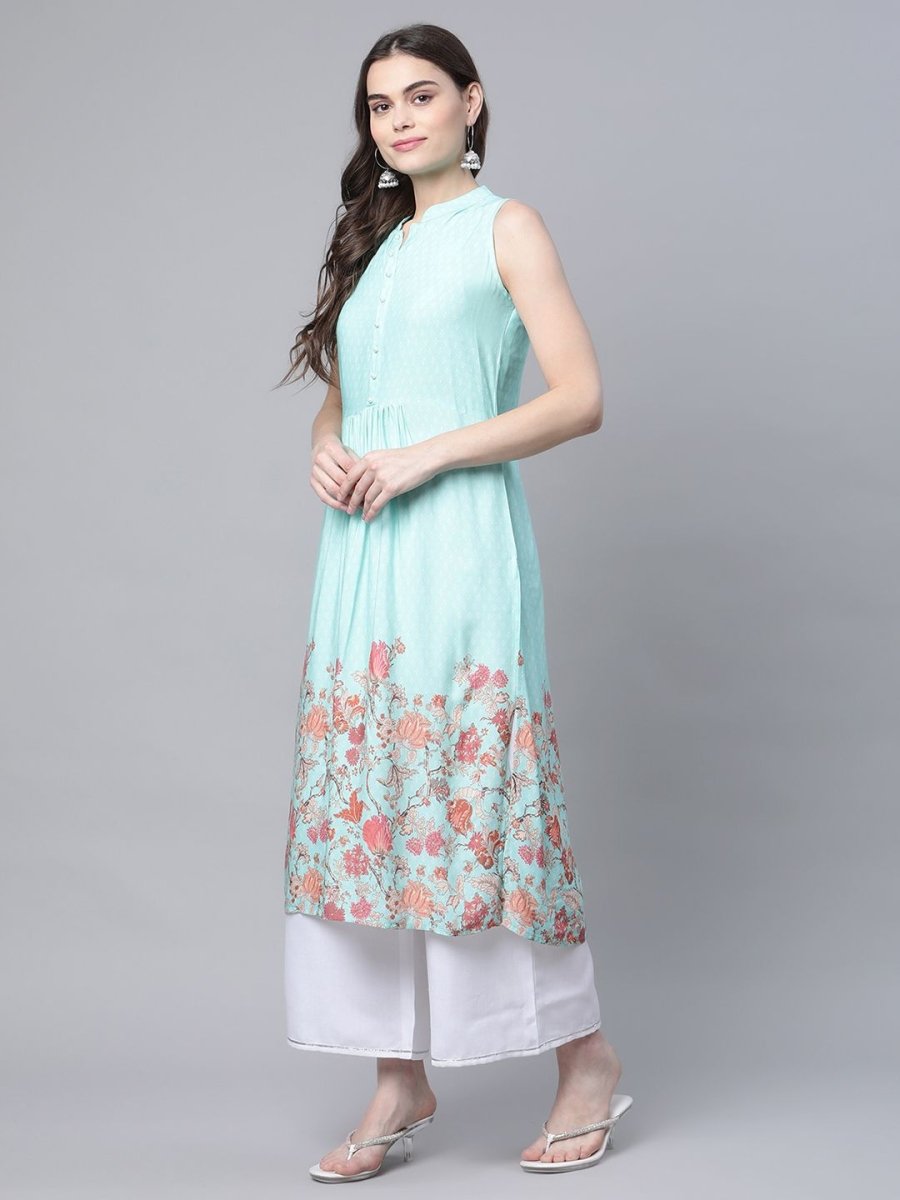 Ahalyaa Women's Sky Blue Rayon Printed Kurta Palazzo Set