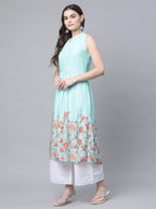 Ahalyaa Women's Sky Blue Rayon Printed Kurta Palazzo Set