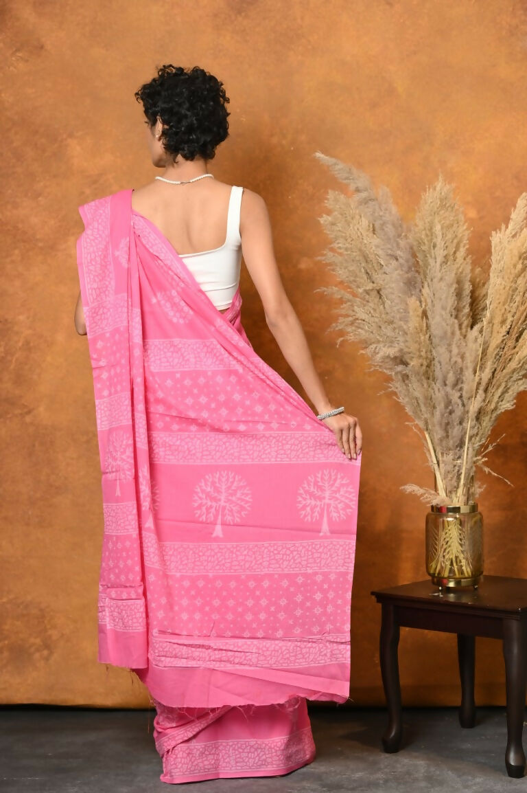 Very Much Indian Handblock Printed Cotton Saree With Natural Dyes - Pink - Distacart