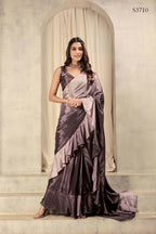 Wine Satin Solid Designer, Printed Party Wear Ready To Wear Saree - Nasreen