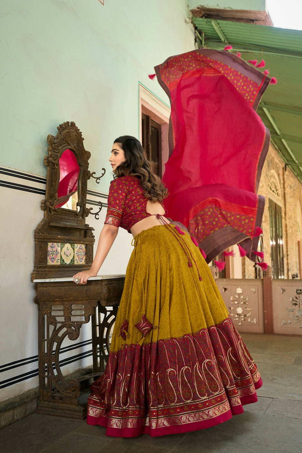 Vastranavya Kashmiri Print With Foil Print Lehenga With Unstitched Printed Blouse - Mustard