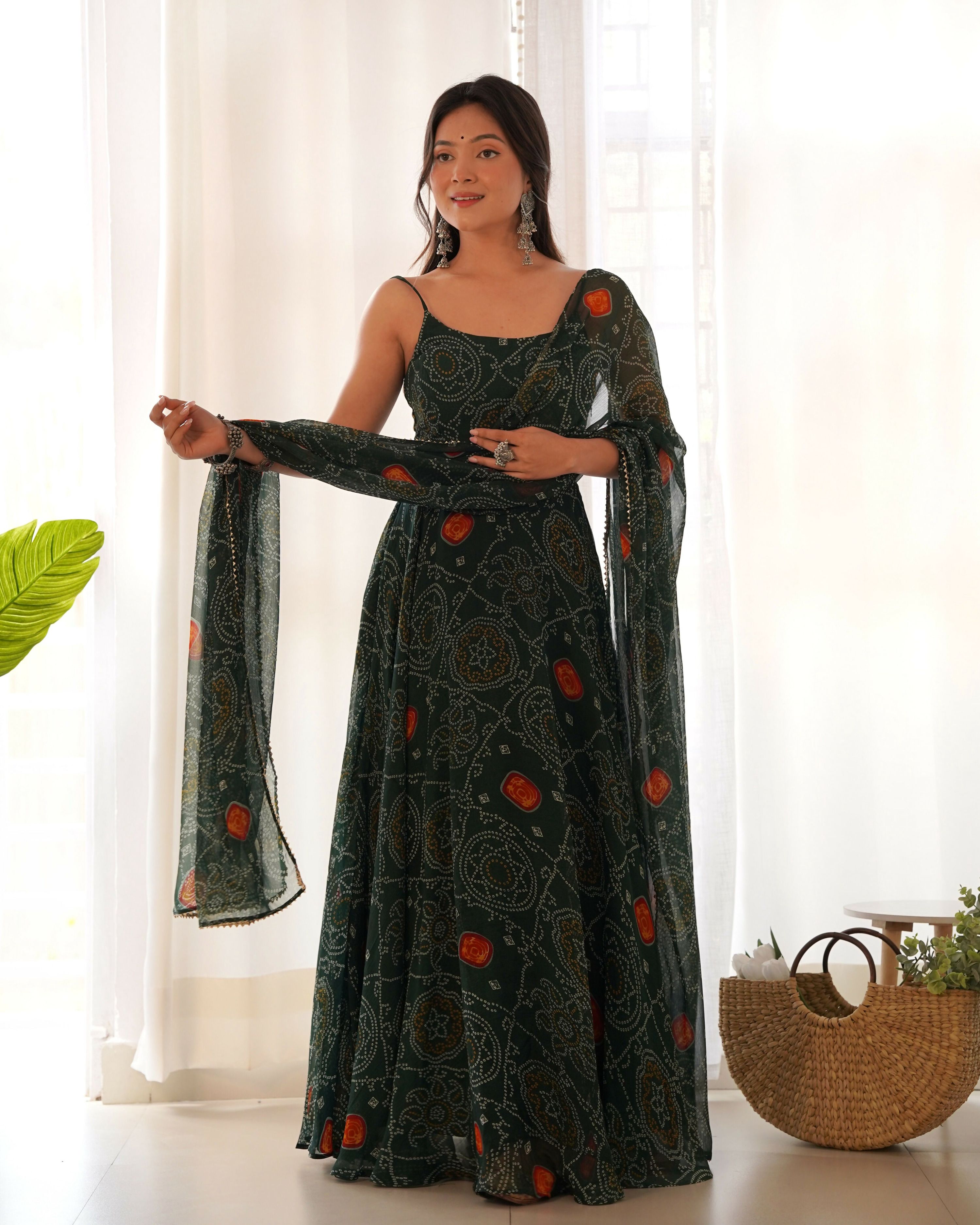 Joban Fashion Bottle Green Kurta Set Chiffon Sequin Embroidery Work - Distacart