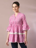 Myshka Women's Pink Embellished Cotton Gathered Party Empire Top