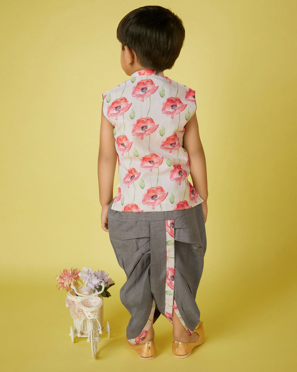 Joban Fashion Kids Island Cotton Sleeveless printed Kurta and Solid Dhoti - Grey - Distacart